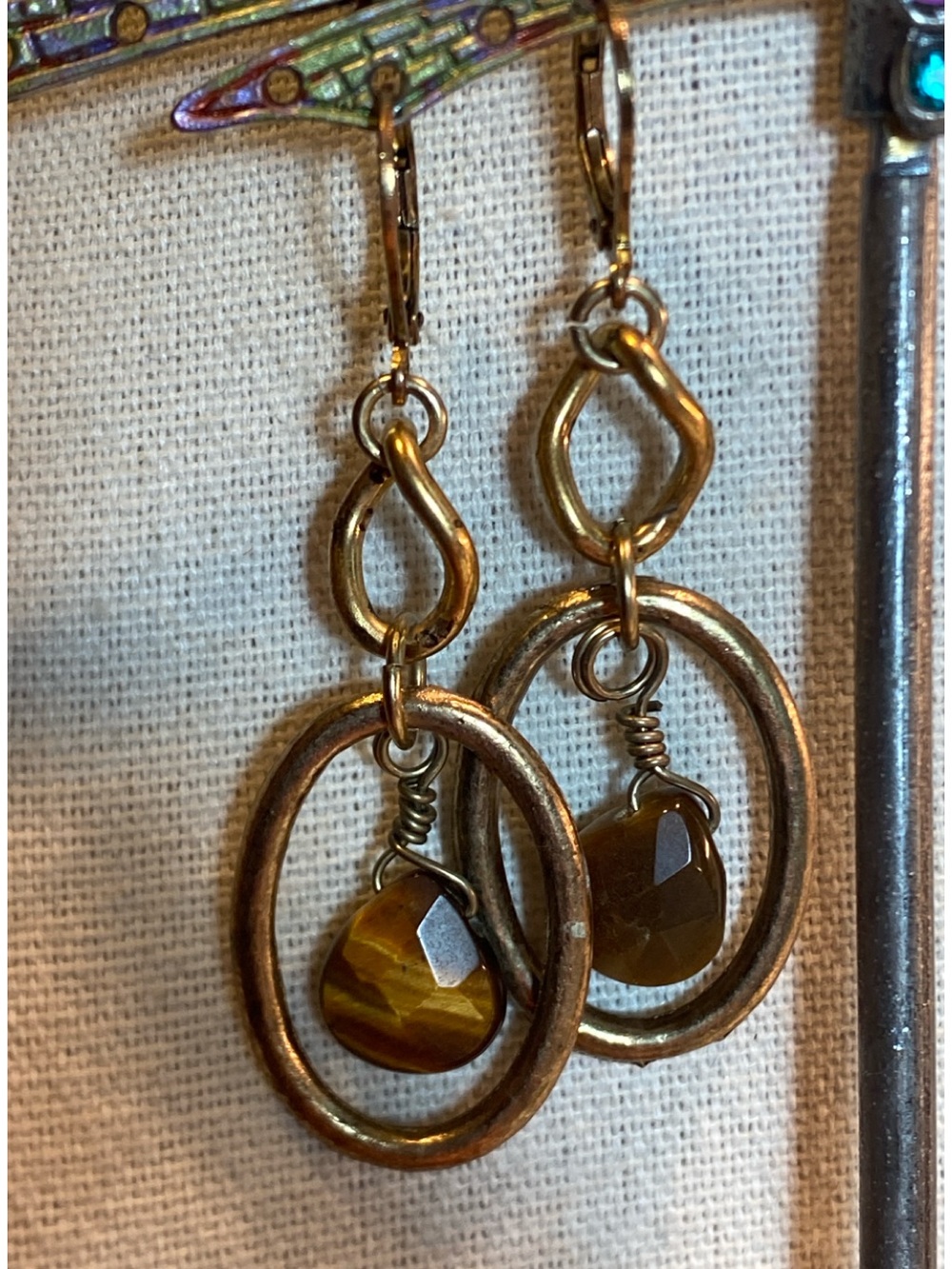 Estate Gold-Tone Hoop Earrings with Brown Tiger's Eye Drops